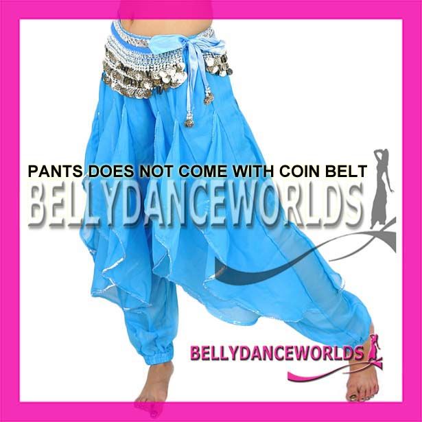 BELLY DANCE COSTUME HAREM GENIE PANTS GOLD/SILVER TRIM CHIFFON 