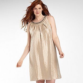   GOLDEN JEWELED NECKLINE SHIFT DRESS Glamour Slimming Plus Sizes  