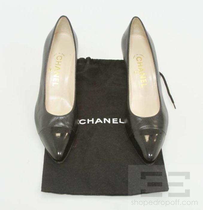 Chanel Black Leather & Patent Cap Toe Pointed Heels Size 38.5  