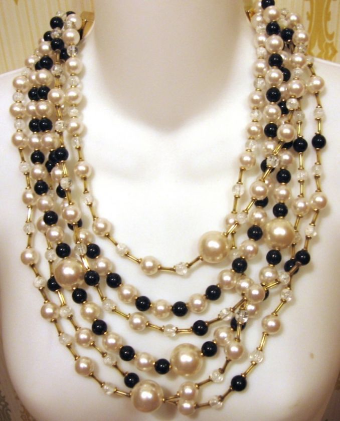 Chunky 5 Strand Bead Bib Necklace Safi Black n White  