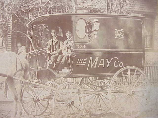 ANTIQUE MAY CO HORSE DRAWN DELIVERY WAGON CABINET PHOTO  