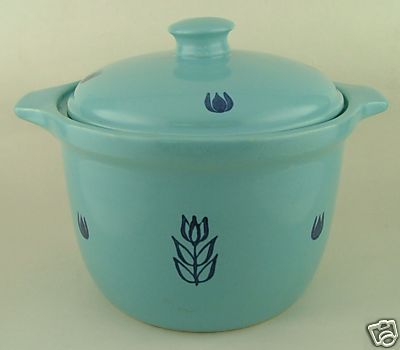 Vintage 1950s Cronin Pottery Blue Tulip Bean Pot w/ Lid  