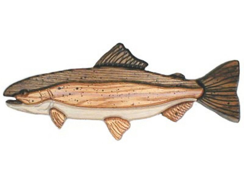 RAINBOW TROUT Wood Carving OAK INTARSIA 15 Wall Plaque  