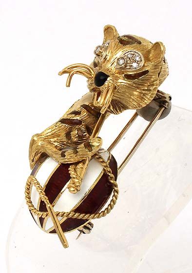 VINTAGE 18K GOLD & DIAMONDS 3D TIGER ENAMEL PIN BROOCH  