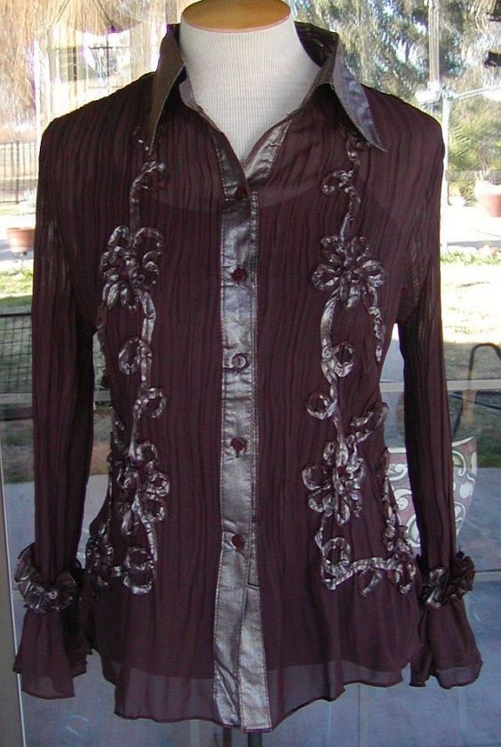 PRETTY ANGEL Decorative Floral Ribbons & Ruffles Brown Crinkle Blouse 