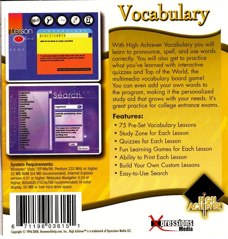 HIGH ACHIEVER VOCABULARY * PC LANGUAGE PREP * BRAND NEW  