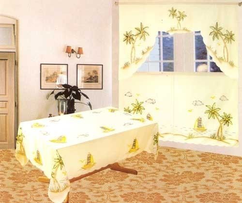 Kitchen Table Cloth & Curtain Set 4pcs PALM TREE & Boat  