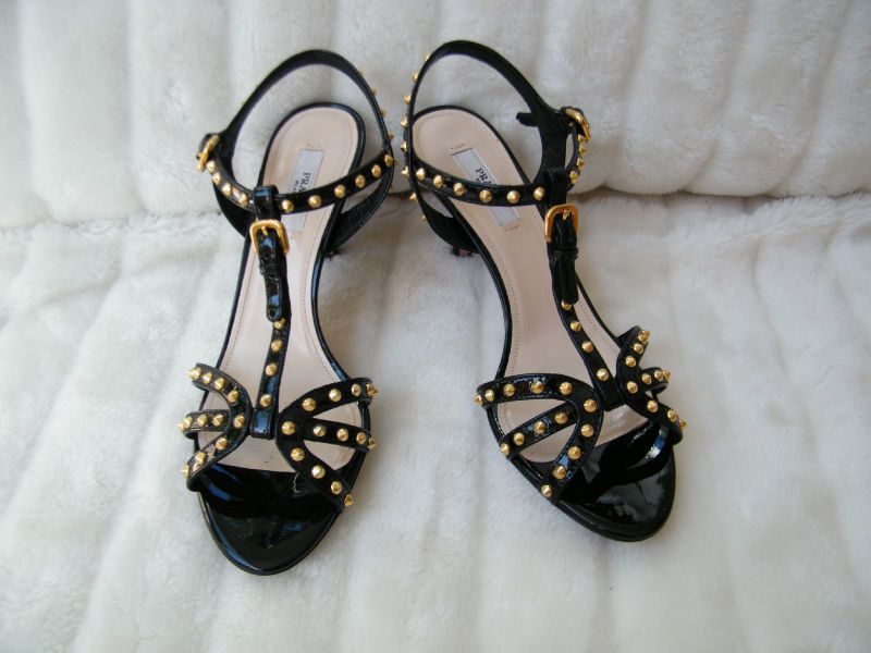 PRADA SHOES SANDAL platform BLACK t strap gold studs 36.5 6.5  