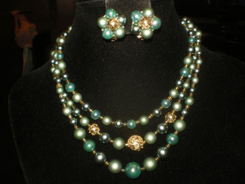 Vint TEAL GOLD JAPAN 2pc set 3 strand NECKLACE EARRING  