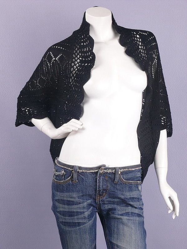 Black Crocheted Bolero Shrug Crop Cardigan L  