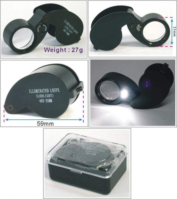 ILLUMINATED LOUPE LED LIGHT 40X 25MM JEWELERS MINI  