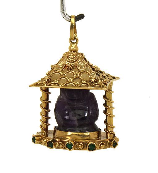 UNIQUE VINTAGE 18K GOLD & AMETHYST BUDDHA PENDANT  