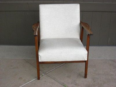 Vintage Danish Modern Walnut Chair Off White Vinyl Upholstery Mid 