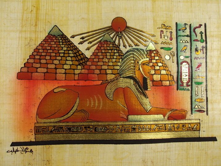   PAINETD PAPYRUS 8x12 (20x30 CM) EGYPTIAN PYRAMIDS & SPHINX  