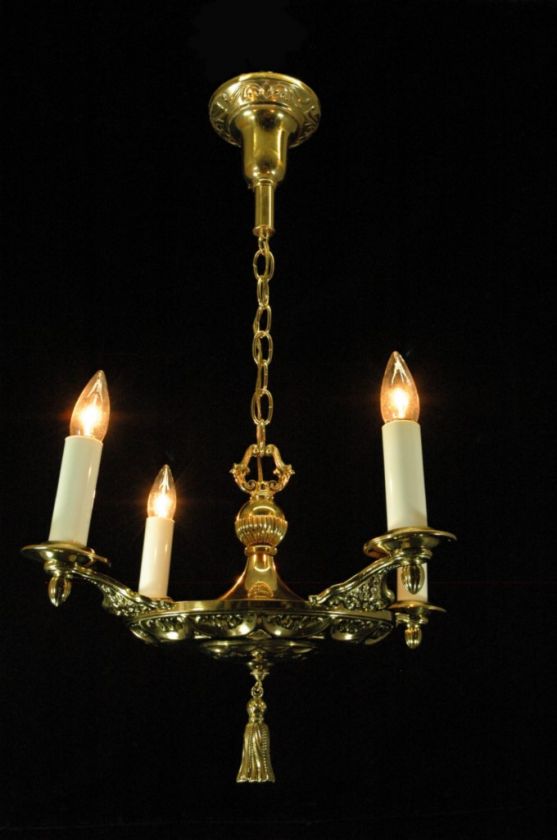 ANTIQUE 1920S EARLY ELECTRIC EMBOSSED BRASS CHANDELIER  