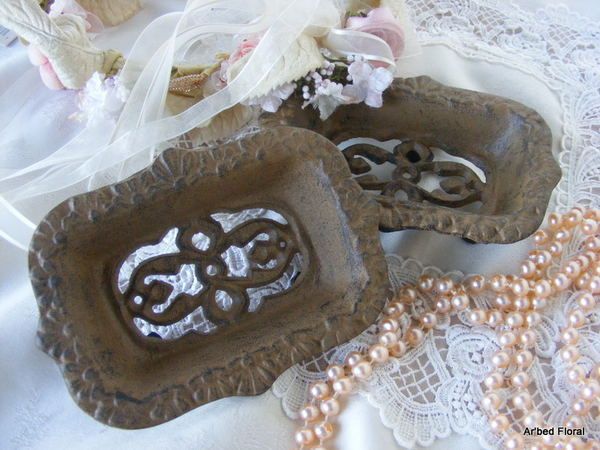 Set/2 Cast Iron Soap Dish Brown Vintage Victorian  