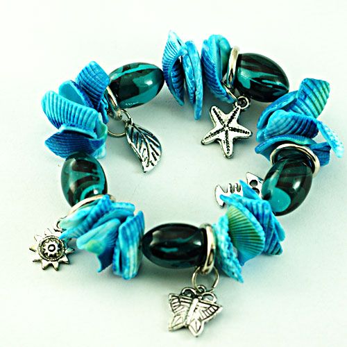   Shell Beads Stretch Dangle Mix Material Charm Bangle Bracelet  