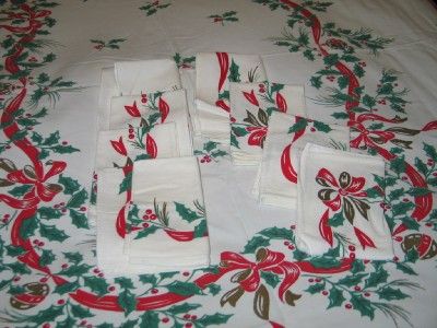 Vintage Christmas Linen Tablecloth & Napkins Holly Bows Ornaments 1950 