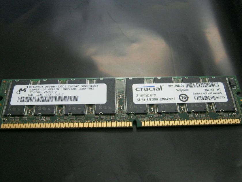 Crucial CT12864Z335.16TDT Memory. 1GB, DDR, 333, CL2.5. PC2700U 25331 