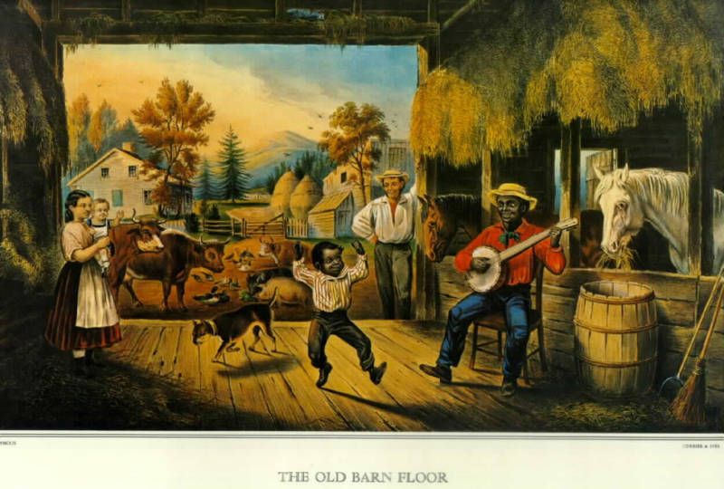 OLD PRINT OLD BARN FLOOR BLACK AMERICANA BANJO DANCE  