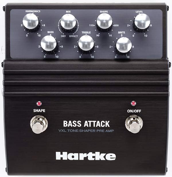 The Hartke Bass Attack Pedal is a tone shaping pre amp that doublesas 