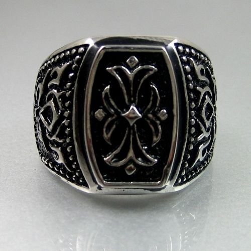   Biker Mens Bold Black Silver Stainless Steel Engraved Wide Ring  