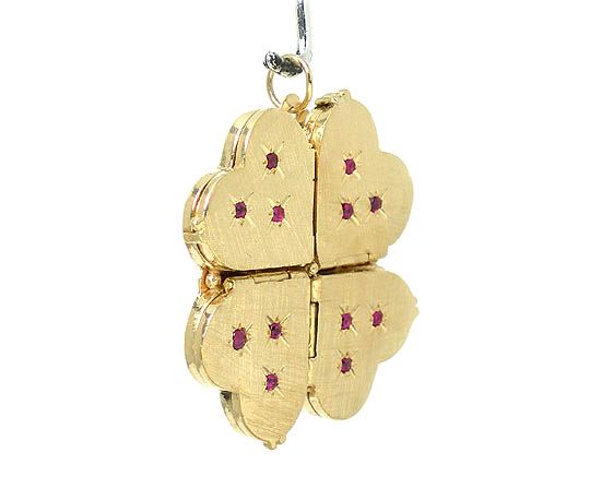 GORGEOUS 14K YELLOW GOLD & RUBIES FOUR LEAF CLOVER LOCKET PENDANT