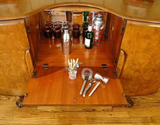   Art Deco BAR Liquor Cabinet~Cocktail~Pop Open~Burl Walnu~Mirrors~Old t