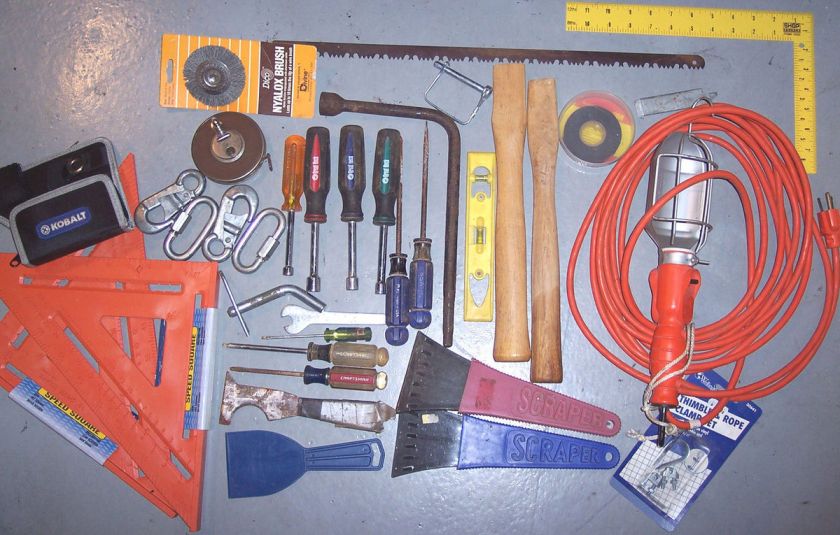 Large Lot of Hand Tools drop cord hammer/axe handles socket/screw 