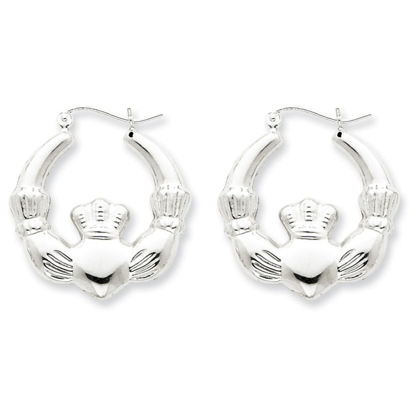 LADIES .925 STERLING SILVER 3 D CLADDAGH HOOP EARRINGS  