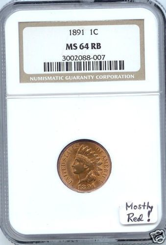 1891 Indian Head Cent NGC MS 64 RB Mostly Red  