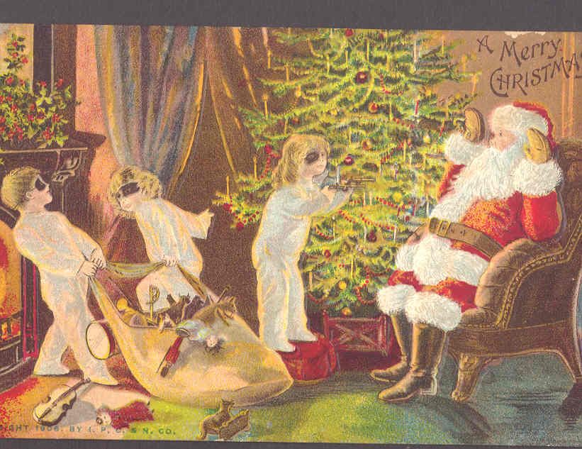 KIDS ROB SANTA CLAUS,GUNS,MASKS,CHRISTMAS ,OLD POSTCARD  