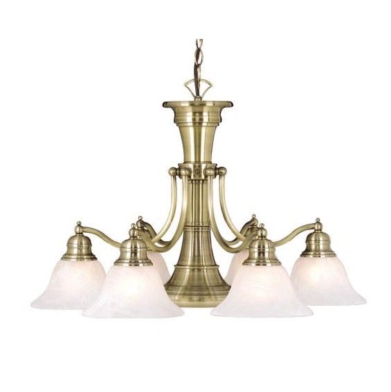 NEW 6 Light Chandelier Lighting Fixture, Antique Brass, White 