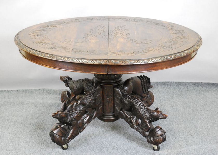   CARVED ANTIQUE 19TH C. FRENCH 4 ANIMAL LOUIS XIII HUNT STYLE TABLE