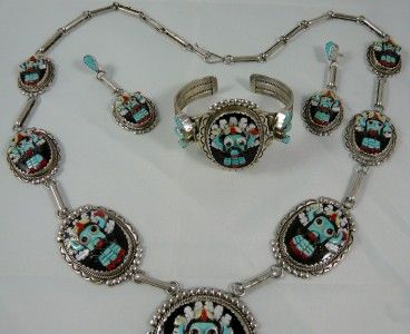 Beverly Etsate Zuni Bracelet Squash Blossom Necklace Ring and Earrings 