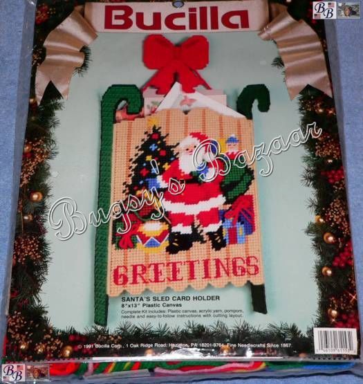 Bucilla SANTAS SLED Greetings Card Holder Plastic Canvas Christmas 