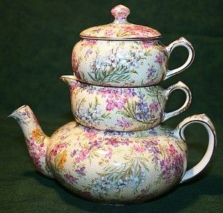 CHINTZ Lord Nelson Heather Stack Tea Pot Creamer Sugar Set Yellow Gold 