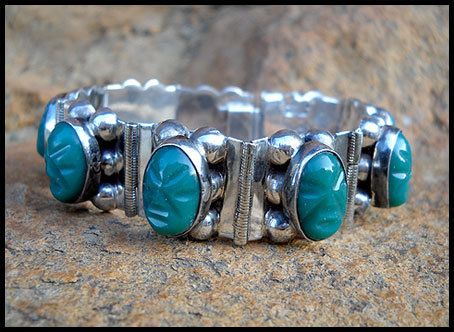   MEXICAN SILVER BRACELET AZTEC MAYAN LINK CARVED WARRIOR ONYX 40s