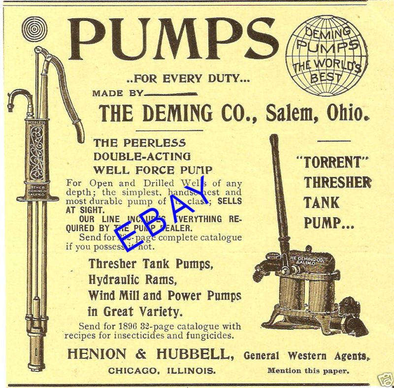 1897 DEMING WATER WELL PUMP AD HENION HUBBELL SALEM OH  